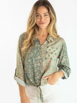 Lola Tie Button Down - Cream Sage Mixed Floral