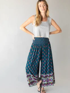 Make A Move Wide-Leg Palazzo Pant - Navy Pink Roses Border