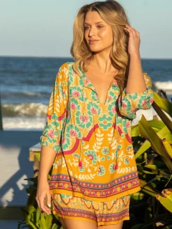 Maribel Top - Mustard Turquoise Floral