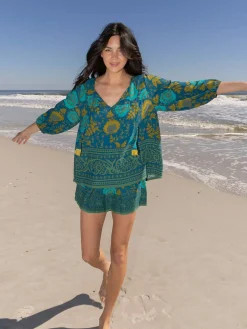 Maribel Top - Teal Sage Border