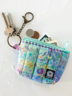 Mini Puffy Coin Purse Key Clip - Blue Watercolor Patchwork