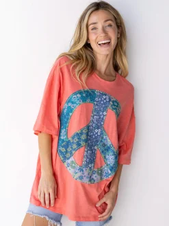 Oversized Cotton Applique Tee - Coral Peace Sign