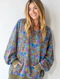 Oversized Printed Hoodie - Blue Purple Daisy
