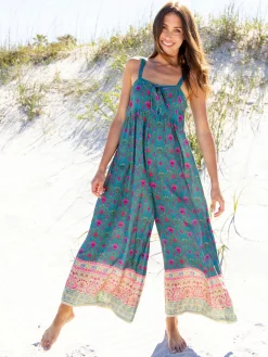 Patti Tie-Front Jumpsuit - Teal Pink Border