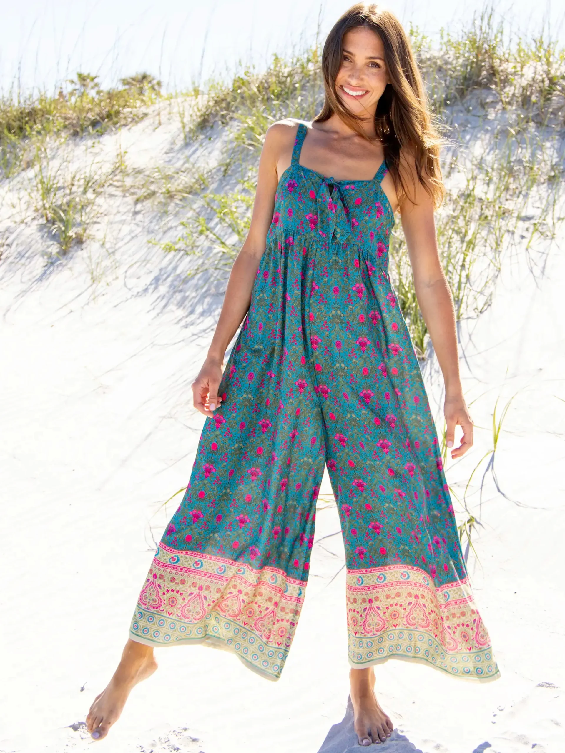 Patti Tie-Front Jumpsuit - Teal Pink Border
