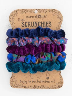 Print and Velvet Scrunchies, Set of 5 - Navy