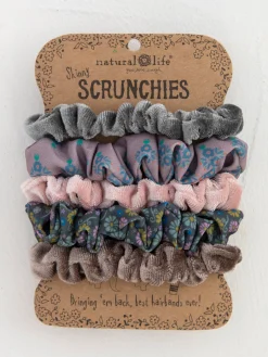 Print and Velvet Scrunchies, Set of 5 - Grey