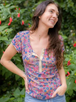 Reagan Waffle Tee - Pink Blue Florals
