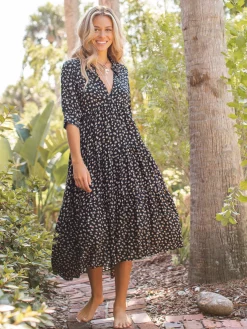 Rebecca Midi Dress - Black Cream Roses