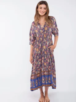Rebecca Midi Dress - Blue Yellow Roses