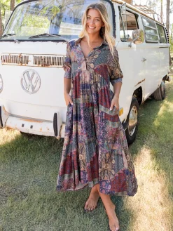 Rebecca Midi Dress - Blue Patchwork
