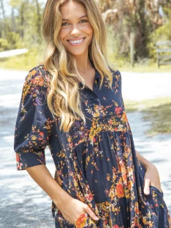 Rebecca Midi Dress - Navy Red Bouquets