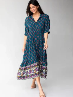Rebecca Midi Dress - Navy Pink Roses Border
