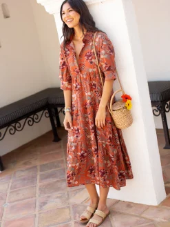 Rebecca Midi Dress - Orange Tropical Floral