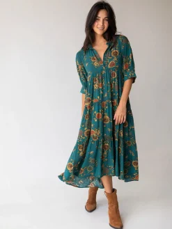 Rebecca Midi Dress - Teal Orange Clusters