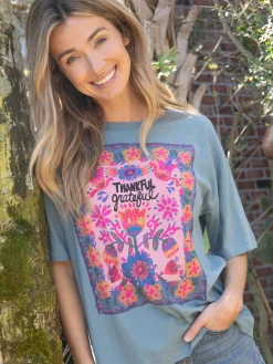 Remi Distressed Cotton Tee - Blue Thankful Grateful