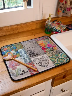Reversible Dish Drying Mat - Dusty Blue Folk Flower
