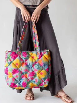 Reversible Puffy Tote Bag - Large Dusty Blue Floral