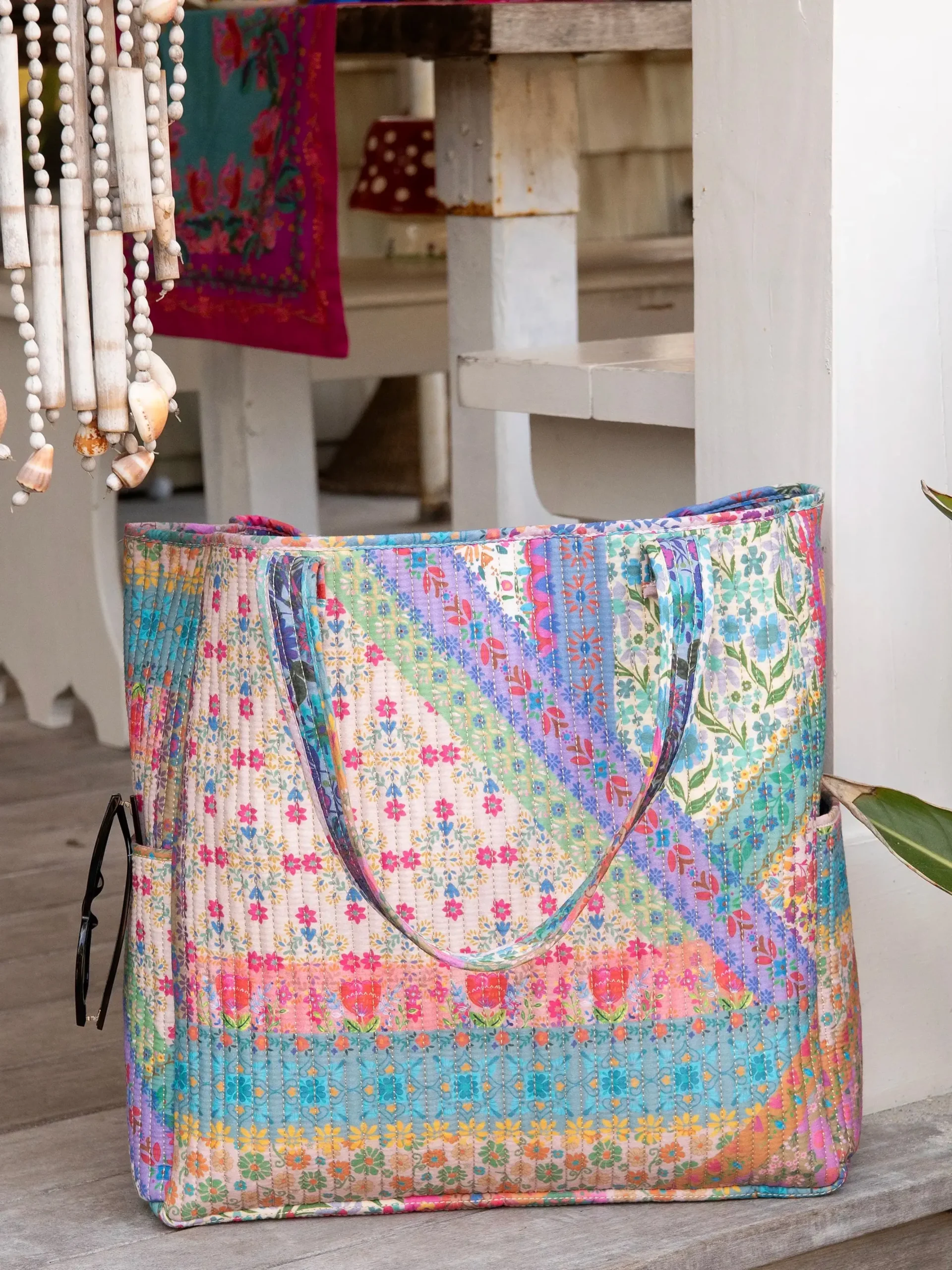 Reversible Quilted Tote Bag - Floral Patchwork