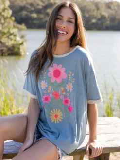 Ringer Oversized Tee Shirt - Blue Folk Flower