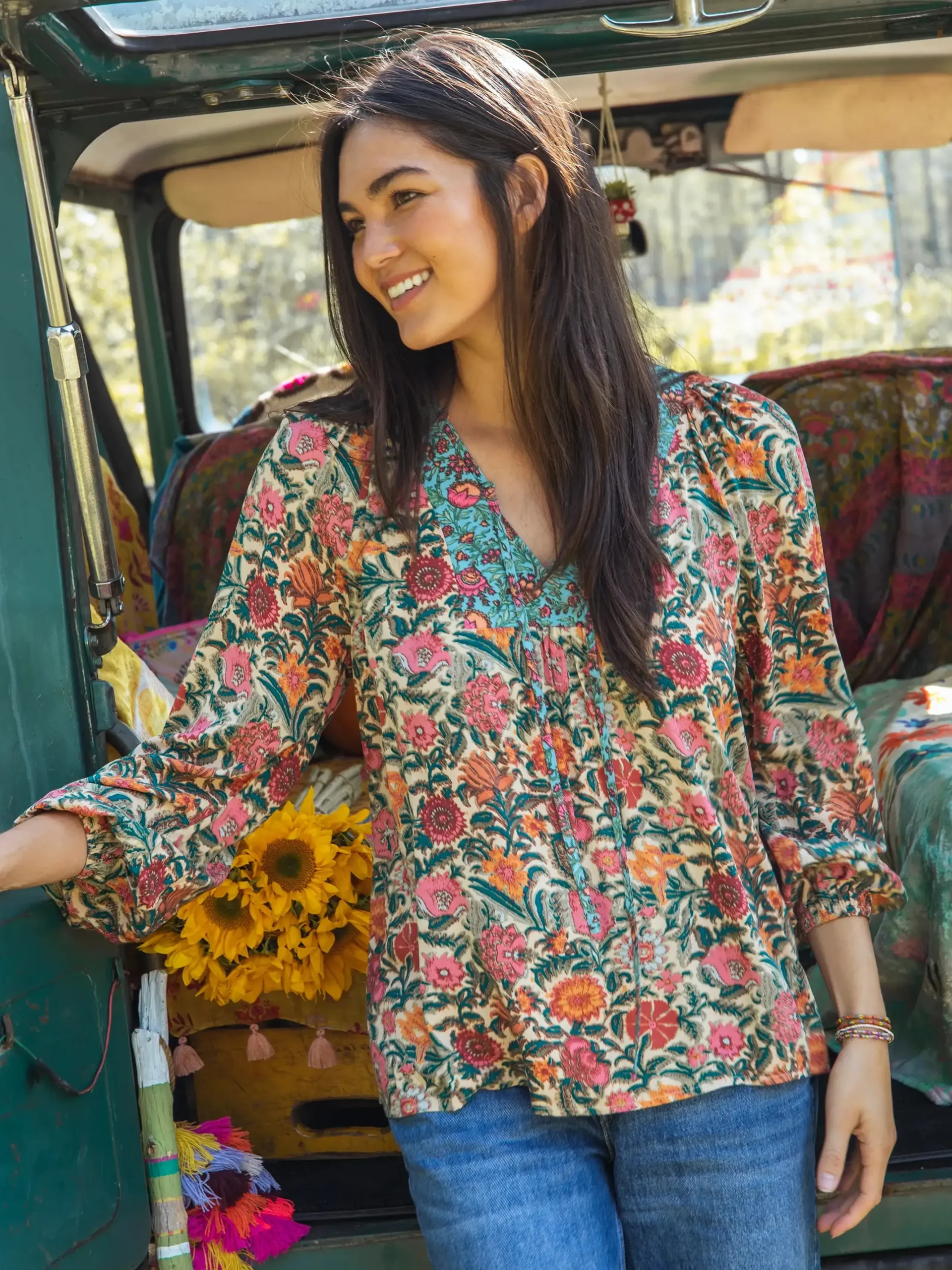 Rowan Top - Turquoise Cream Mixed Floral