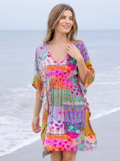 Sanibel Kaftan Mini Dress - Pink Watercolor Patchwork