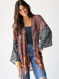 Sierra Kimono - Brown Teal Floral
