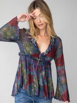 Sierra Ruffle Mesh Top - Blue Patchwork