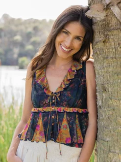 Sierra Sleeveless Mesh Top - Navy Mustard Floral