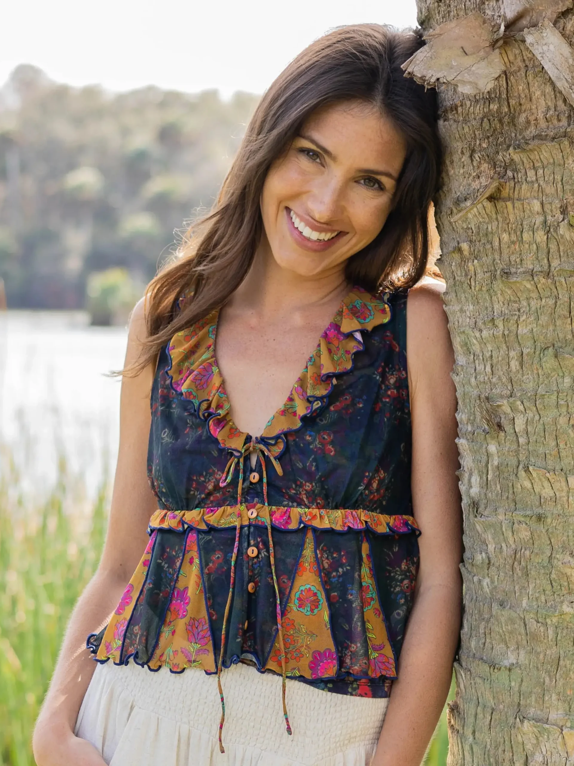 Sierra Sleeveless Mesh Top - Navy Mustard Floral