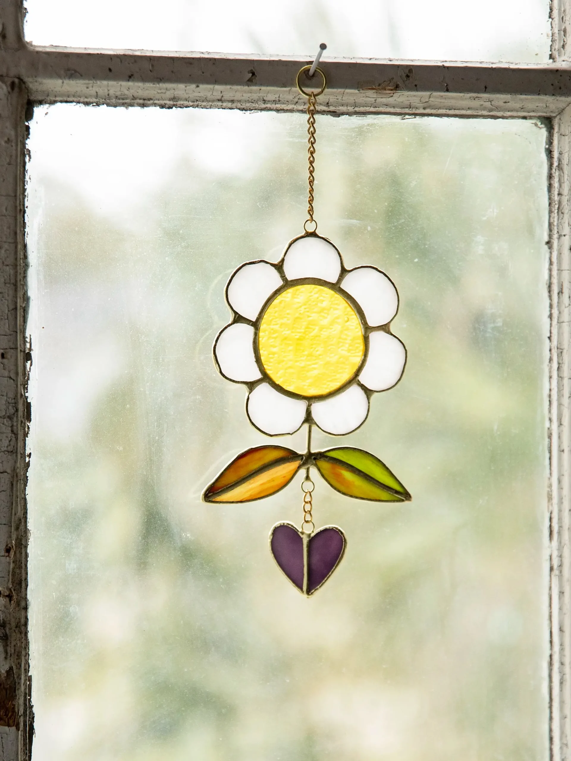 Stained Glass Window Hanging - Cream Folk Flower