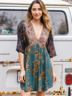 Stella V-Neck Mini Dress - Grey Navy Mixed Floral