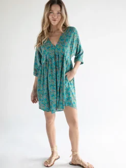 Stella V-Neck Mini Dress - Turquoise Ditsy Vines
