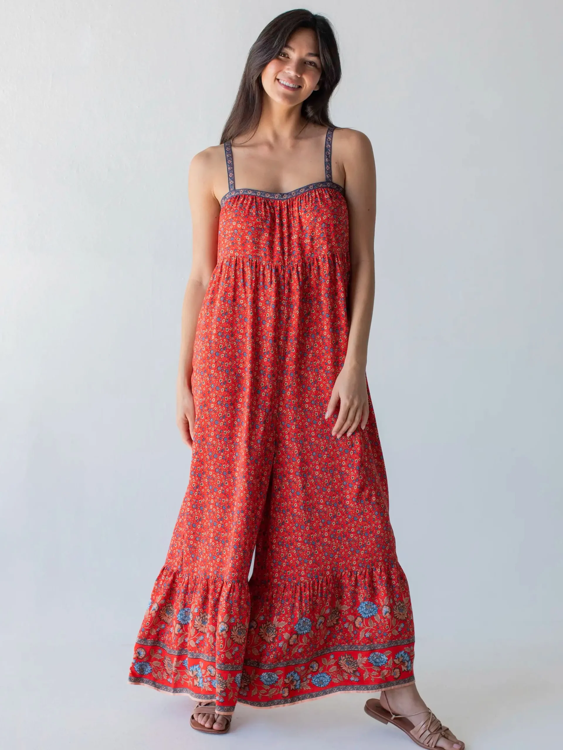 Stephanie Jumpsuit - Red Floral Border