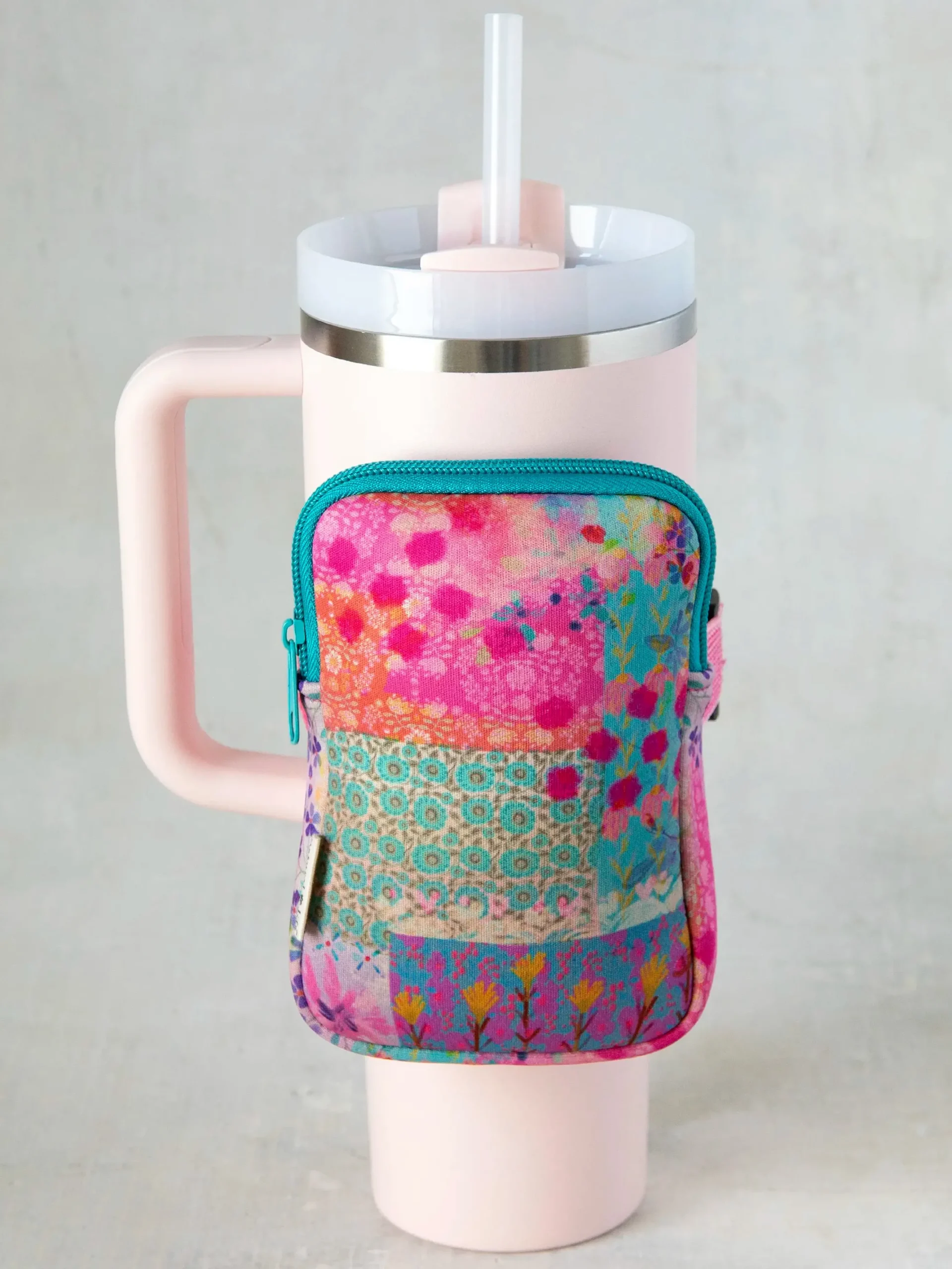 Water Bottle Zipper Pouch - Pink Watercolor Patchwork