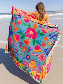 XL Double-Sided Microfiber Beach Towel - Dark Turquoise Flower